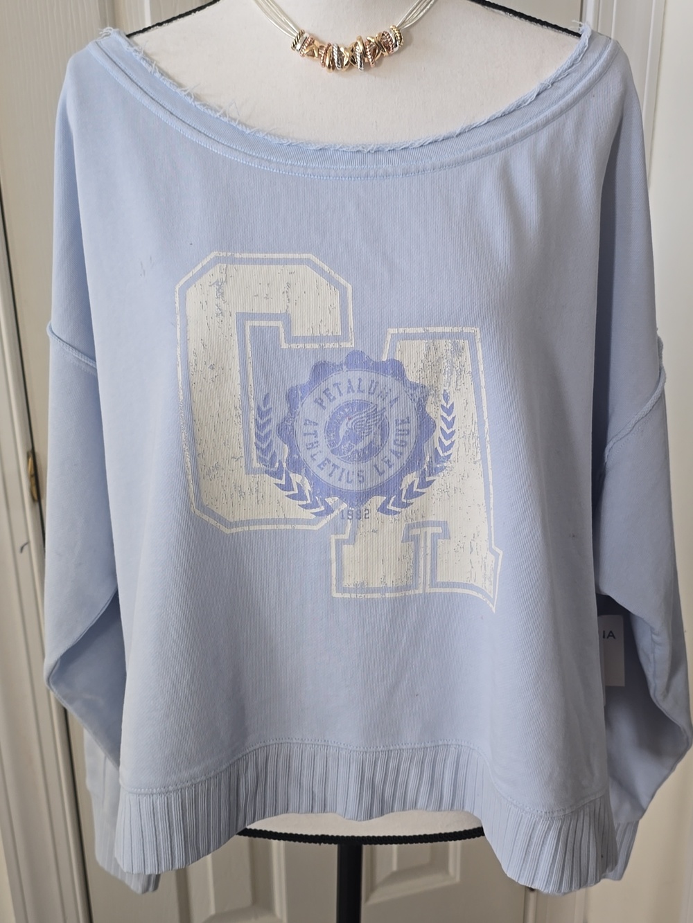 ARIZONA JEAN CO WOMENS JUNIOR BLUE LONG SLEEVES DISTRESSED SWEATSHIRT SIZE LARGE